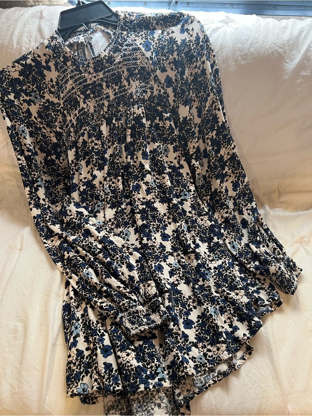 Free People Blue and White Floral Smocked Long Sleeve Blouse